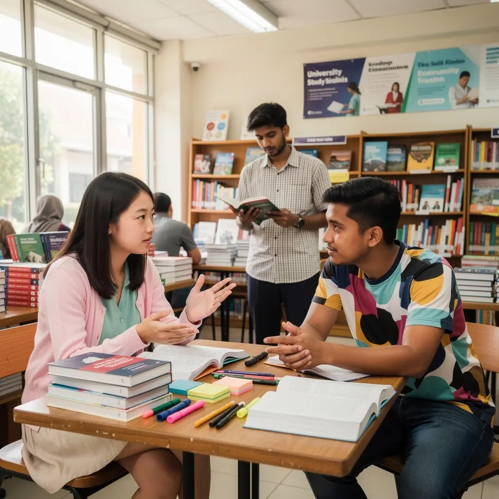A student browsing through a shelf filled with various course books in a bookstore.