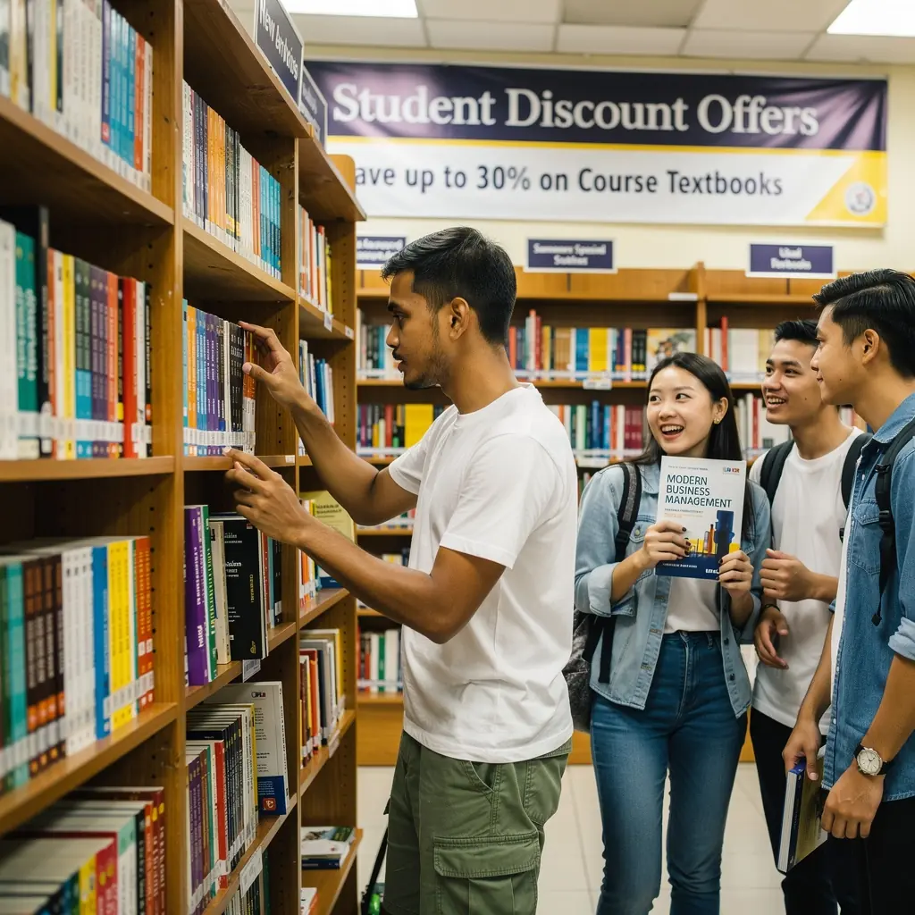 A student browsing through various course books in a well-lit bookstore aisle.