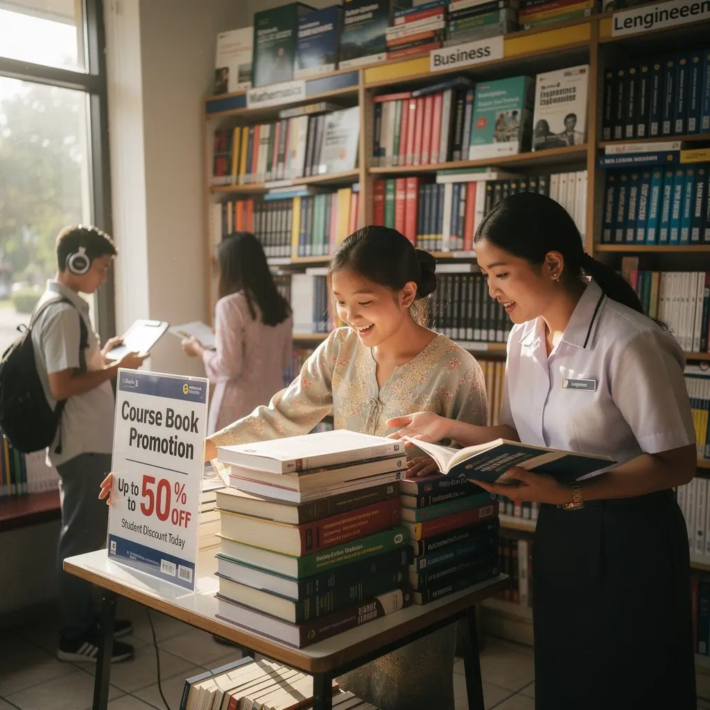 A promotional banner showcasing student discounts on selected university materials.