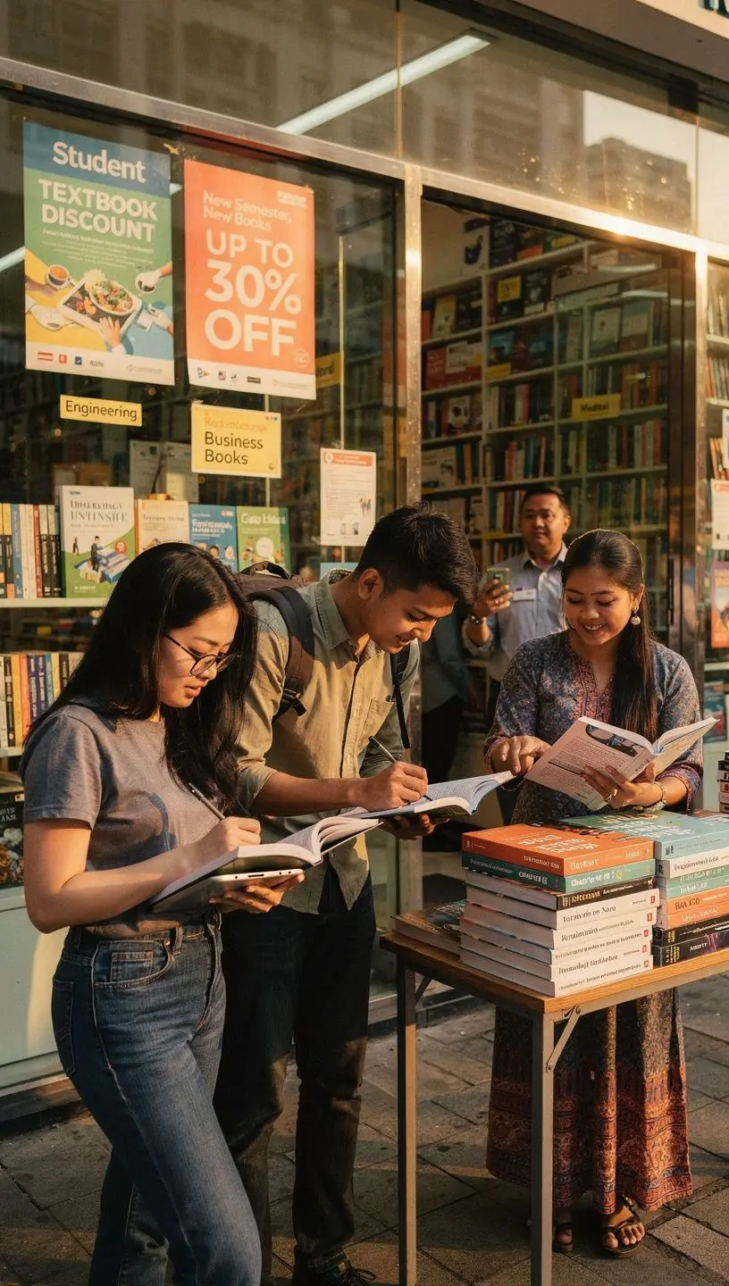 A stack of academic textbooks with a discount tag prominently displayed.